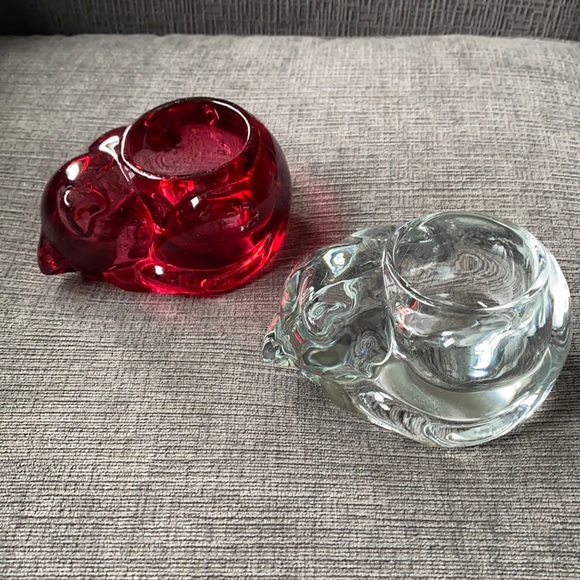 Vtg sleeping cat heavy glass tea light holders
